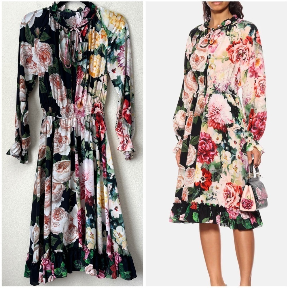 Dolce & Gabbana Silk Mixed Floral Print Long Sleeve Midi Dress